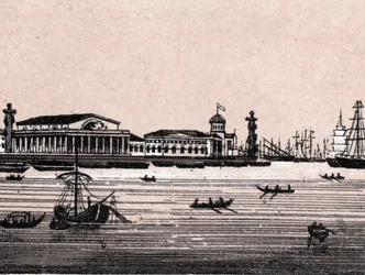 Sankt Petersburg, Ryssland: utsikt över floden Neva och Exchange i Sankt Petersburg. i "" Världen illustrerar 168 vyer"" Odaterat (slutet av 1800-talet)
