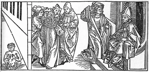 Saint Severin. Gravyr ur "De heligas liv - sommardelen" (Helgonets bok) av Jacobus (James) från Voragine (1228-1298). Lübeck 1488.