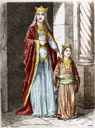 Saint Bathilde (eller Batilde, Bathylle, Beaudour) (626-680), Frankernas drottning med Clotaire. Gravyr i "History Of France En Cent-målningar av Paul Lehugeur" ​​1891