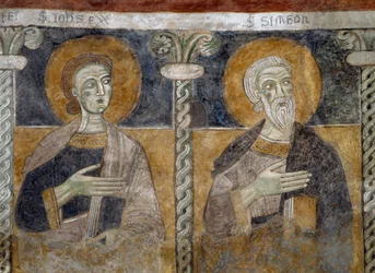 Saints John the Evangelist och Simeon, detalj av fresk från 1100-talet i basilikan av Saints Sisinio, Martyr och Alessandro, San Zeno di Trento, Trentino-Alto Adige, Italien.