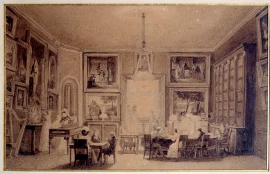 Salong för drottningen av Holland Hortense de Beauharnais (1783-1837) i Augsburg. Gravyr av 1800-talets Paris. Thiers bibliotek