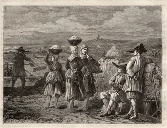 Saltavdunstningsdamm i Bretagne - Paludiers och sauniers i Bretagne (Frankrike), saltmarker - gravyr i 