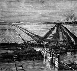 Saltproduktion: utsikt över ett saltvatten (saltkärr) vid Medelhavskusten. Gravyr av 1800-talet