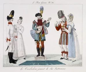Saltimbanks: Trubaduren spelar sex instrument - i "" Le bon genre"", deb. 1800-talet