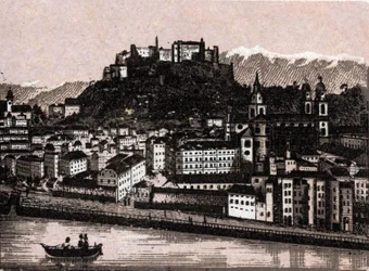 Salzkammergut-regionen, Österrike: Salzburg från Kapuzinergarten. i "" Världen illustrerar 168 vyer"" Odaterat (slutet av 1800-talet)