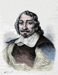 Samuel de Champlain, fransk upptäcktsresande och kolonisatör (1567-1635). Kolonisatör av Kanada. Gravyr från 1830 efter ett allvarligt porträtt av Moncornet.