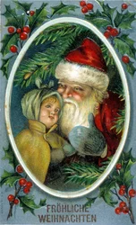 Jultomten och ett barn. Tyskt vykort från 1800-talet.