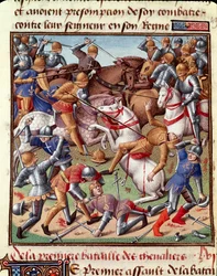 Stridsscenen Miniatyr i "" Le Miroir historial"" (Speculum Historiale) (ms. 1196 fol. 408 r.) av Vincent de Beauvais (1190-1264) översatt till franska av Jean de Vignay