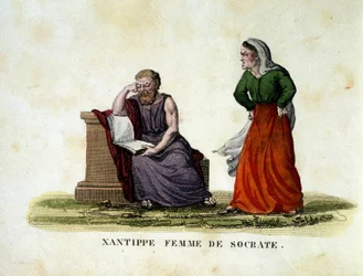 Husscen mellan Sokrates och hans hustru Xantippe - gravyr