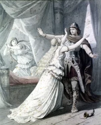 Scen av "" Cola Rienzi, den sista av Tribuns"" (Rienzi, der Letzte der Tribunen), opera av Richard Wagner som representerar Heros Rienzi med Irene i Capitoliumpalatset. 1842. Gravyr.