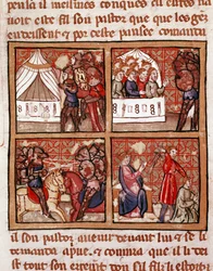 Scen för konfrontation mellan två fiendeläger, en avrättning längst ner till höger. Sida av ett 1300-talsmanuskript Biblioteca Marciana Venedig