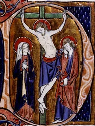 Scen för korsfästelse i ett brevhuvud (bokstav D). Minityr i "" Speculum historiale"" av Vincent De Beauvais (1100-talet)