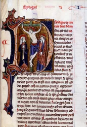 Scen för korsfästelse i ett brevhuvud (bokstav D). Minityr i "" Speculum historiale"" av Vincent De Beauvais (1100-talet)