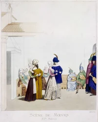 Scene of morals: Karnevalsscen - baserat på ett italienskt manuskript från 1400-talet, Arts Deco.