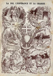Scener som illustrerar tro, hopp, kärlek och deras motsats, inkredulit, desperation och egoism. Illustration i "" Le Pelerin"" den 27 mars
