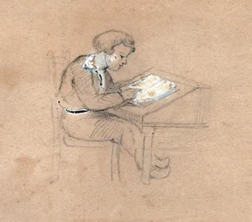 Skolpojke på jobbet. (teckning, cirka 1830)