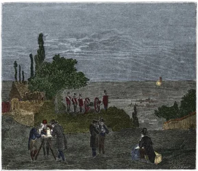 Vetenskapligt experiment: beräkningen av ljudets hastighet, av Humboldt, Louis-Joseph Gay-Lussac (Louis Joseph Gay Lussac), Bouvard, Prony och Mathieu, som bestämmer tiden mellan uppfattningen av ljus och det av ett pistolskott, på natten
