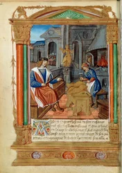 Skulptur: en mästare kontrollerar sin lärlings arbete och skulpterar en örn. Miniatyr från "" Roman de Theseus de Cologne et de Godifer"" 1500-talets Paris, B.N.