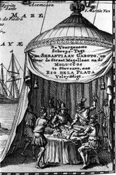 Sebastiano Caboto (Sebastien Cabot) representerar på patronen av en navigeringskarta med andra navigatörer. Början av 1600-talet.