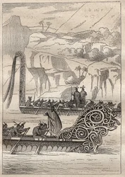 Andra resan (1772-1775) av kapten James Cook (1728-1779): Neo-Zelandans krigskanoter (Neo Zelandaises) - illustration hämtad från "" The Great Mariners of the 18th century""