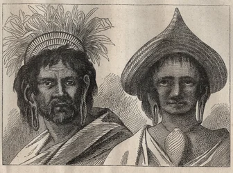 Andra resan (1772-1775) av kapten James Cook (1728-1779): man och kvinna från Påskön - illustration från "The Great Mariners of the 18th century""