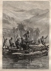 Andra resan (1772-1775) av kapten James Cook (1728-1779): de infödda hade tillräckligt med självförtroende för att närma sig och utbyta (Nya Kaledonien) - illustration hämtad från "The Great Mariners of the 18th century"