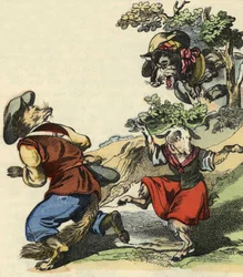 När Mäster Fox såg vargen flydde han och lämnade Lilla Chevrette i fara. Illustration av berättelsen "Bon medor och lilla Chevrette". I "" Sagor från hemmet för de minsta"". Anonym gravyr från 1800-talet.