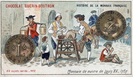 Serien History of the French Currency publicerad av Chocolat Guérin Boutron. 1800-talets kromolitografi. Kopparmynt av Ludvig XV 1757