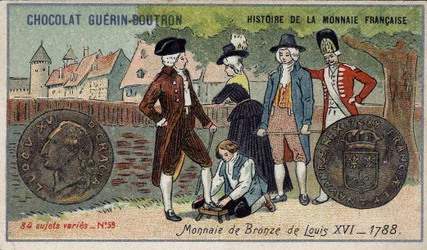 Serien History of the French Currency publicerad av Chocolat Guérin Boutron. 1800-talets kromolitografi. Bronsmynt av Ludvig XVI 1788