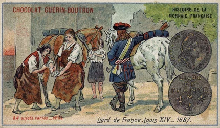 Serien History of the French Currency publicerad av Chocolat Guérin Boutron. 1800-talets kromolitografi. Liard från Frankrike. Ludvig XIV 1687