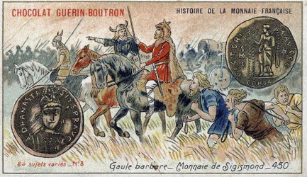 Serien History of the French Currency publicerad av Chocolat Guérin Boutron. 1800-talets kromolitografi. Barbarian Gallien. Sigismond valuta.