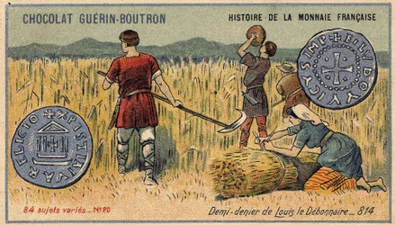 Serien History of the French Currency publicerad av Chocolat Guérin Boutron. 1800-talets kromolitografi. Halv förnekare av Ludvig den Debonnaire 814