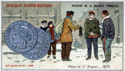 Serien History of the French Currency publicerad av Chocolat Guérin Boutron. 1800-talets kromolitografi. 5 francs silvermynt 1870