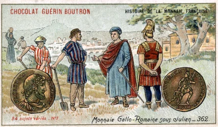 Serien History of the French Currency publicerad av Chocolat Guérin Boutron. 1800-talets kromolitografi. Gallo romerska mynt under Julien