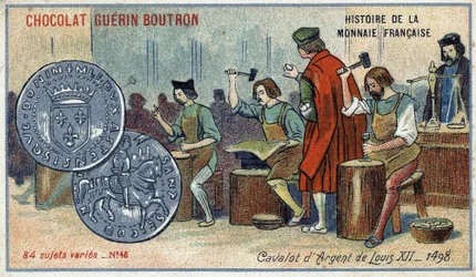 Serien History of the French Currency publicerad av Chocolat Guérin Boutron. 1800-talets kromolitografi. Louis XII:s Silverkavalot. 1498