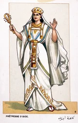 Serie av kromolitografier av operakostymer med anledning av den första representationen av Aida av Giuseppe Verdi: förfrun av Iside. 1872