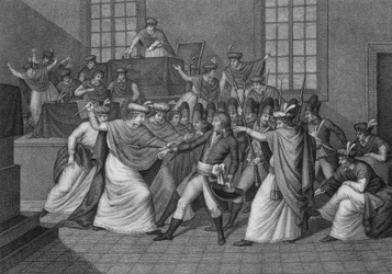 Session för det lagstiftande organet på orangerie de Saint Cloud: Bonaparte presenterar sig själv vid församlingen av rådet för fem cent (fem cent) (rum på 500) och upplöste det den 19 brumaire år VIII under statskupp den 18 brumaire.