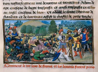 Sjunde korståget: Kung Ludvig IX (Saint Louis) (1214-70) fångas under slaget vid Mansourah 1250 i Egypten, ”Chronique abregee” av David Aubert 1250 Paris