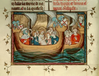 Sjunde korståget: Frankrikes kung Saint Louis (eller Ludvig IX) (1214-1270) anländer till Nicosia på Cypern omkring 1245. Miniatyr. B.N. Paris