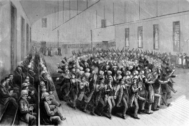 Shaking Quakers religiös procession (dans) i New York. Illustration av 1800-talet.