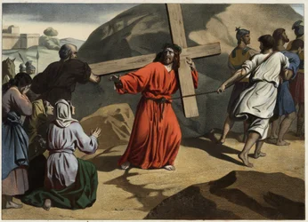 Hon klättrade till Golgata: Jesus som bar sitt kors tröstade Jerusalems döttrar. Anonym gravyr från mitten av 1800-talet.