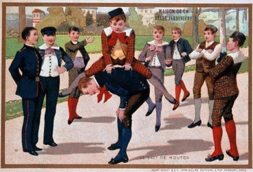 Fårhoppningslek, butiksannons ””Den vackra trädgårdsmästaren””, v. 1895