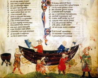 Skeppsbyggnad och kalfatring på 1200-talet. Miniatyr ur "Roman de Troie" av Benoît de Sainte-Maure. 1300-talet, Biblioteca Marciana, Venedig