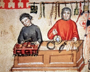 Butik för konsthantverk. Handskrift från 1300-talet. Biblioteca Nazionale di Firenze