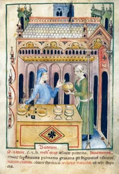 Butik med smörbröd och två kvinnor, illustration från Tacuinum sanitatis, upplyst manuskript, latinsk nyutgivning av ett arabiskt verk från 1000-talet