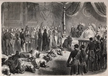 Siam-ambassadörer kryper mot den franska imperialfamiljen under en högtidlig audiens i Fontainebleau i närvaro av Napoleon III (1808-1873), Eugenie (Eugenia de Montijo)