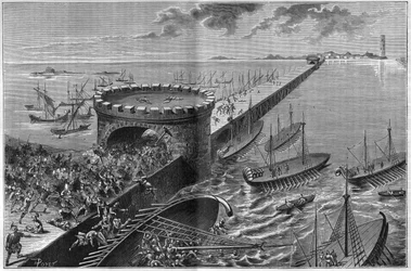 Belägring av Alexandria av Jules Cesar år 47 f.Kr. Cesars galer under tyngden av soldaterna som invaderade den. Gravyr från 1885.