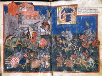 Siege of Pamplona in Spain av Charlemagne Miniature från "Entree of Spain"". 1300-talets Venedig, Biblioteca Marciana.