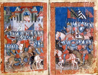 Siege of Pamplona in Spain av Charlemagne Miniature från "Entree of Spain"". 1300-talets Venedig, Biblioteca Marciana.