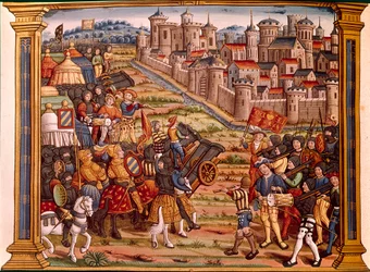 Belägring av en stad med bomber: Ludvig XI mot Liegeois. Miniatyren hämtar från manuskriptet "" Les epitaphes des feux kings Ludvig XI:e av detta namn och från Karl, hans son VIII med detta namn, som guden borta""